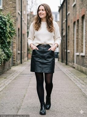 Vintage 90s Byrnes & Baker Black Leather Mini Skirt - Size 10 (Fits Like Small)